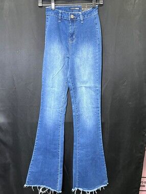 Fashion Nova Blue High-Rise Flare Jeans with Raw Hem Size 1